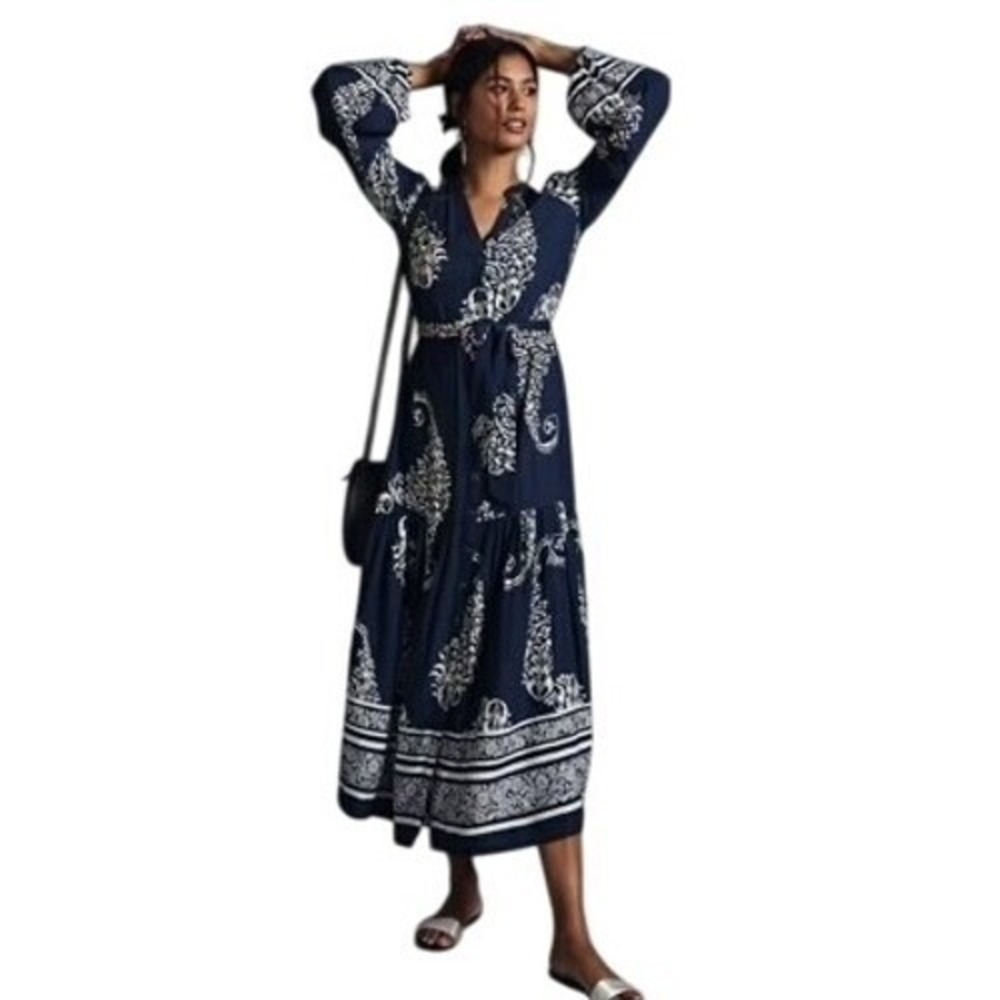 Anthropologie Tiered Button Down Maxi Dress Paisley Long‎ Sleeve Boho Size XS